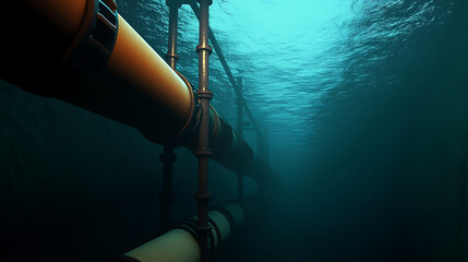 Underwater pipes stretch into the ocean's depths. Metal supports anchor the structure amidst the tranquil blue, creating an industrial aquatic landscape.