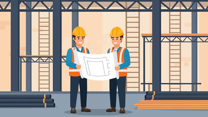 Flat vector illustration Construction site management. Supervisor and worker coordinate logistics with stacked boxes and buildings, symbolizing efficient operations and teamwork