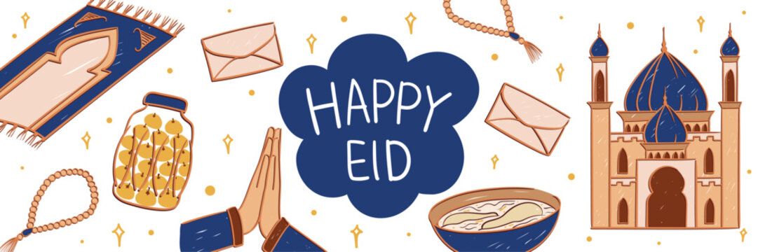 Islamic eid banner design. Vector illustration of mosque, prayer beads, prayer mat, envelope, apologetic hand gesture, and eid dishes.