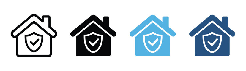 House Icons with Shield and Checkmark, four variations representing secure home protection, safety, verified property, and high-quality vector illustration
