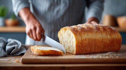 Freshly baked bread being sliced on a wooden cutting board, with a cozy kitchen background, showcasing the art of baking and the joy of homemade bread preparation