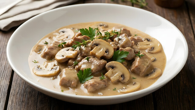 Creamy Beef Stroganoff with Sliced Mushrooms and Fresh Herbs.