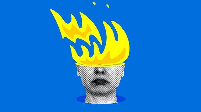 Tired overwhelmed woman with burning head. Emotional stress. Burnout at work. Depression, fatigue. Psychological disorder. Burning fire inside womans head