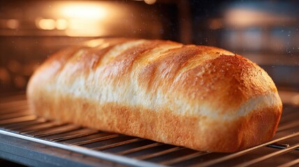 Freshly baked loaf of bread resting on oven rack, showcasing golden crust and soft texture, symbolizing warmth and comfort in home baking