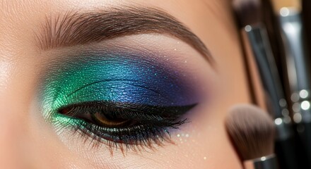 Naklejka premium Vibrant green and blue glitter eyeshadow with winged eyeliner, macro beauty makeup closeup