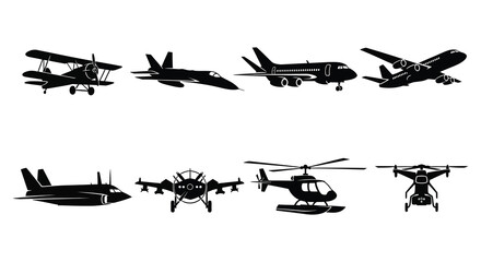 A collection of various aircraft designs presented in striking black silhouette high quality © Pvect02