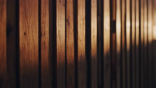Abstract background of vertical wooden slats with dramatic warm lighting. Rhythmic pattern of light and shadow on a textured wood surface for modern interior design concepts