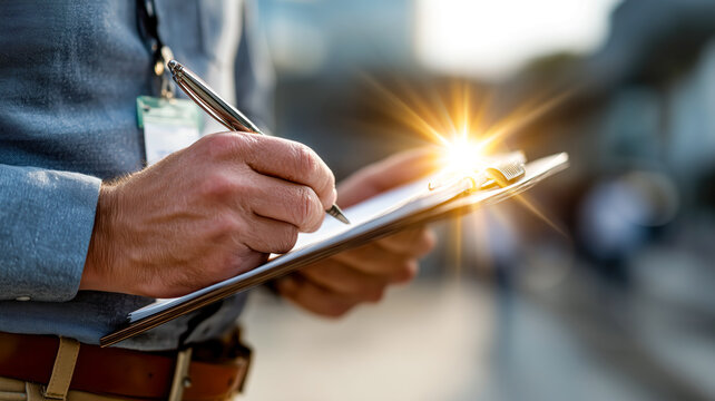 A person dressed in smart casual attire is meticulously writing notes on a clipboard. Close-up shot showcasing focus and detail. - Powered by Adobe