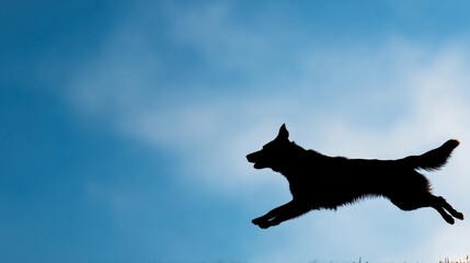 High-protein Dog Food Banner Featuring Active Silhouette of a Dog Running in a Clear Sky Environment With Ample Space for Text and Messaging