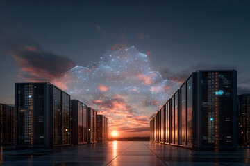 A cloud contains server racks and security symbols amidst a sunsetlike sky