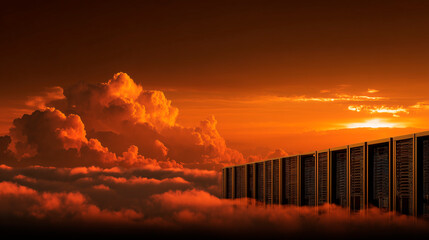 A cloud contains server racks and security symbols amidst a sunsetlike sky
