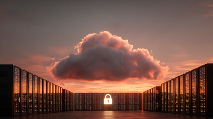 A cloud contains server racks and security symbols amidst a sunsetlike sky