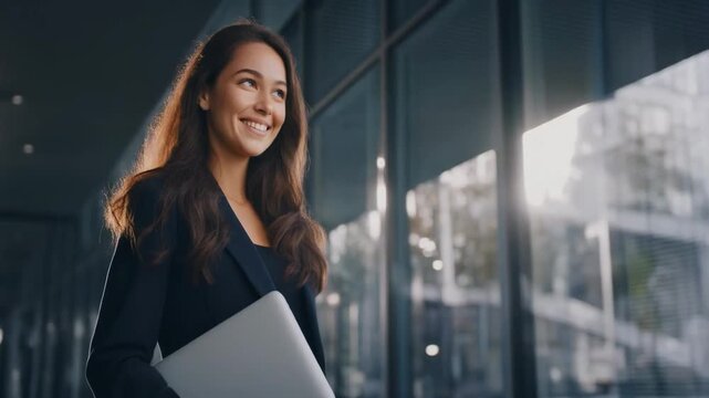 Confident young adult female professional walking with a laptop outside a modern office building. Smiling businesswoman looks towards the future with optimism and ambition