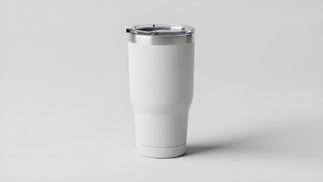 White minimalist reusable travel mug or tumbler mockup on white background