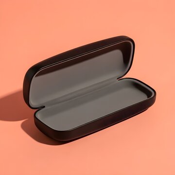 Open empty dark hard shell protective glasses case on peach background