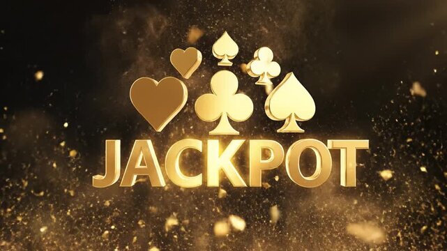 Golden jackpot metallic glitter gold powder explosion with playing card heart club spade diamond suits bursting in glittering card confetti celebration full of luxury motion and dramatic glamour