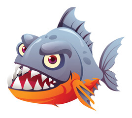 Angry piranha fish mascot with sharp teeth and aggressive expression. Vector cartoon illustration