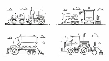 Set of agricultural machinery line art illustrations.
