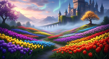 Vibrant tulip field with castle backdrop.
