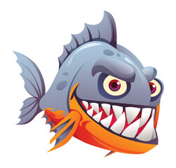 Piranha fish with sharp teeth and wide grin. Vector cartoon illustration