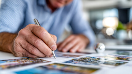 Close-up of a hand holding a pen, carefully writing or annotating images or documents on a table with a blurred background. 