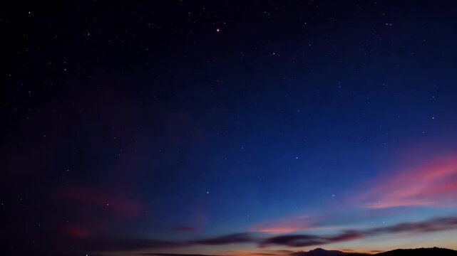 Time lapse sequence showing the transition from day to night. Collage of a bright sun in a blue sky, a colorful twilight sunset, and a dark starry cosmos with constellations