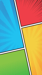 16:9サイズ縦型の背景素材：カラフルで賑やかなアメコミ風コマ割り背景のベクターイラスト