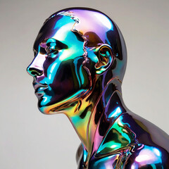 Chromatic Reflection : A striking close up showcases a human form sculpture. its surface , a mesmerizing display of iridescent hues that dances with light .