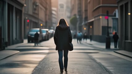 Back view of an adult female walking alone on a city street during a beautiful sunrise. Cinematic composite showing a personal journey or daily commute in an urban setting