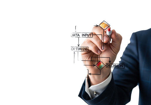 Well-groomed caucasian hand in a navy suit drawing a detailed red business flowchart labeled 'goal' on a transparent glass surface, high-key macro shot, concept of strategic execution