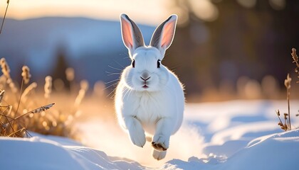 White Rabbit Leaping Through Snowy Winter Landscape.