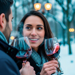 Wine tasting date romantic winter evening together. Valentine&rsquo;s Day, celebration, intimacy and lifestyle