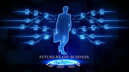 Future-ready business concept with a businessman silhouette and a digital network image photo