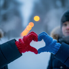 Children hands forming heart winter love and unity symbol. Valentine&rsquo;s Day, friendship, care and emotional connection
