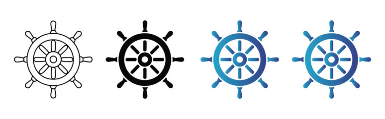 Obraz premium Ship Steering Wheel Icons, vector illustrations of nautical helm symbols in outline, solid, and blue variations, isolated on white background for marine navigation, boating, and maritime design.