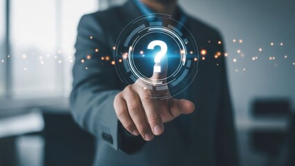 A man in a suit touching a glowing question mark icon, suggesting a query