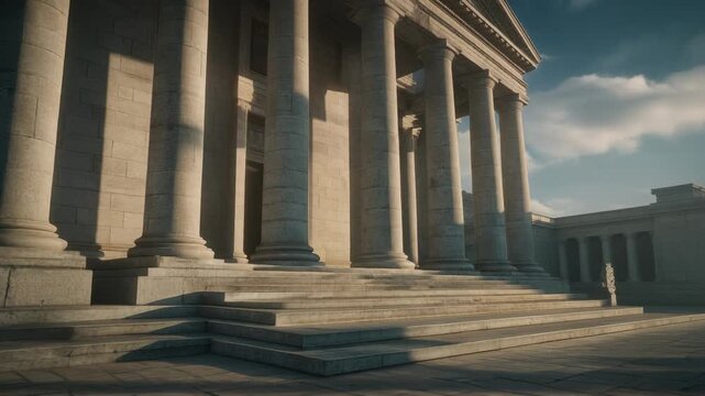 Majestic government building with classical architecture and large stone columns. A symbol of law, justice, finance, and institutional power under a bright blue sky