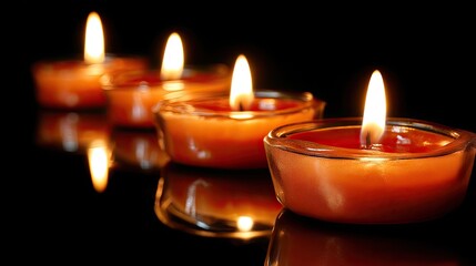 Soft glow of burning candles in glass holders creates a warm and peaceful atmosphere in a dark setting