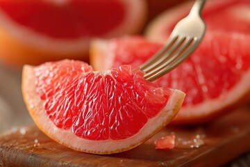 Juicy pink grapefruit slice on fork in close-up, showing symmetrical red segment blended with lemon water on light wooden table, perfect for nutrition guides and culinary content.