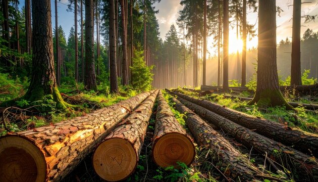 Golden sunrise illuminates freshly cut timber logs on a forest path, surrounded by towering pine trees, showcasing nature's resources and wood harvesting