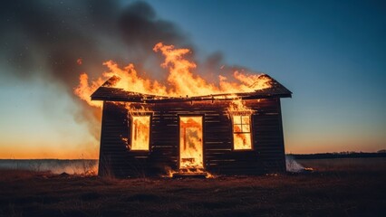 A small wooden structure engulfed in intense flames against a twilight sky, creating a fiery spectacle
