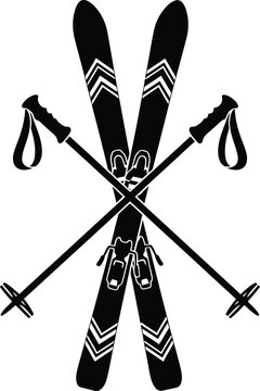 Skis and ski poles crossed on snow sports background