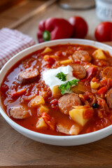 Delicious homemade Sauerkraut Soup with bell peppers, potatoes, tomatoes and krakauer sausage on a plate