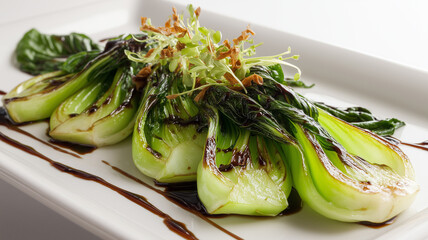 Professional close-up of saut&eacute;ed baby bok choy drizzled with a rich soy-based glaze. Garnished with fresh microgreens and crispy aromatics on a modern white rectangular plate.