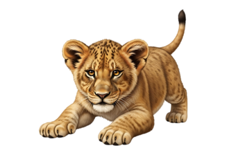 Cute lion cub crawling isolated on transparent background