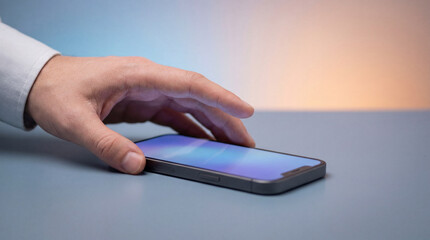 Hand taps smartphone on desk surface. Closeup smartphone screen with soft gradient light, smartphone touch gesture for cyber monday promo, mobile app login concept, clean copy space