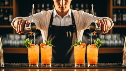 Bartender pouring drinks into elegant glasses, garnished, behind a wooden bar, focused