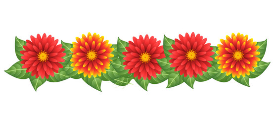 Fototapeta premium Floral Garland Border: A vibrant array of daisy-like blossoms and verdant leaves forms a beautiful floral garland, perfect for adding a touch of natural elegance.