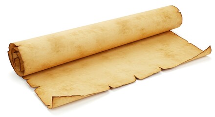 Aged blank parchment scroll, partially unrolled, with a textured surface on white. Ideal for historical documents, old maps, or secret messages, evoking ancient times and mystery