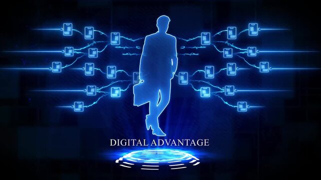 Businessman silhouette forming a digital advantage network with glowing blue lines and nodes Keywords: businessman, silhouette, digital, network, connection, technology, advantage, business